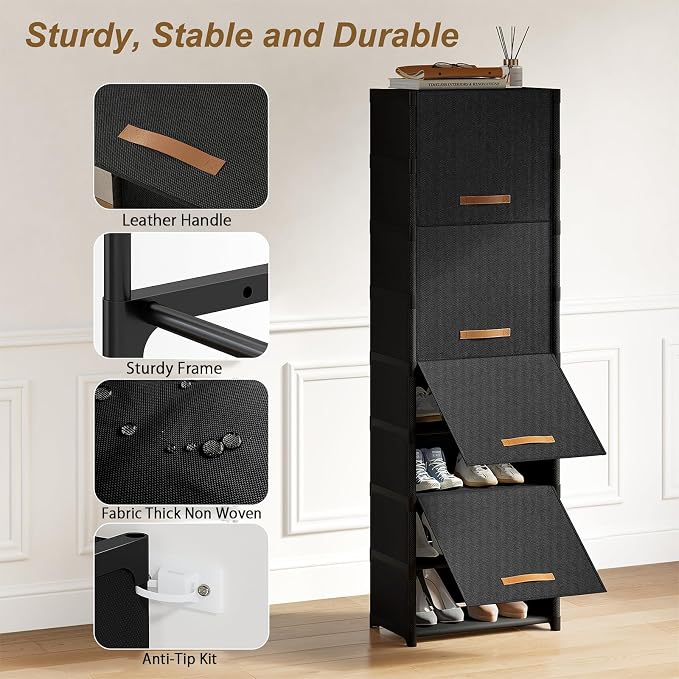 9 Tier Shoe Cabinet with Door, 18-Pair Rack for Closet Black | Non-Woven & Metal Frame, Stable, Door Blocks Dust & Pets, DIY Split for Spaces, Easy Assembly