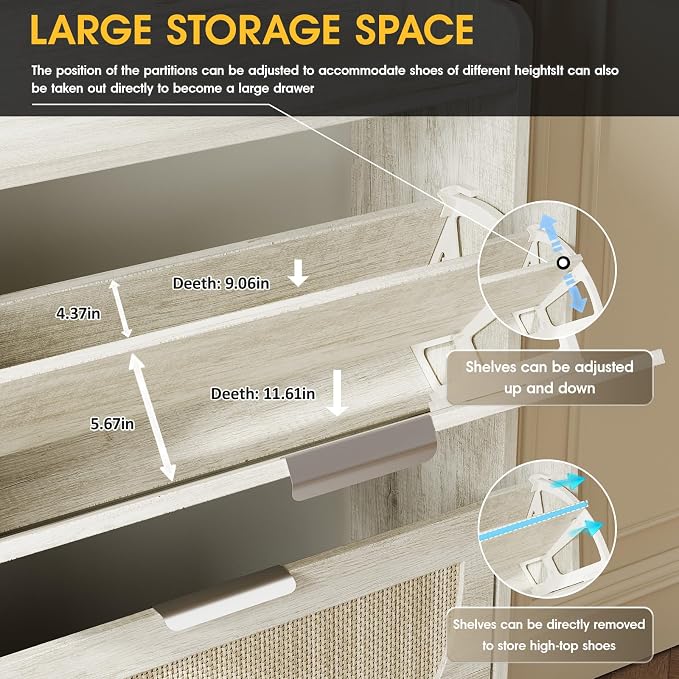 Maupvit Large Rattan Shoe Storage Cabinet with 4 Flip Drawers, Freestanding Shoe Organizer with Metal Legs for Entryway, Hidden Silver Handles, Narrow Shoe Rack Cabinet, Beige