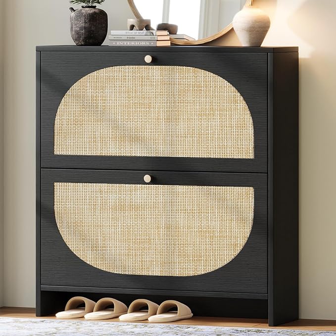 Shoe Organizer for Entryway, Slim Shoe Rack with 2 Flip Drawers, Modern Boho Rattan Shoe Cabinet Storage for Entryway, Narrow Shoe Cabinet with Adjustable Shelves for Small Spaces, Black
