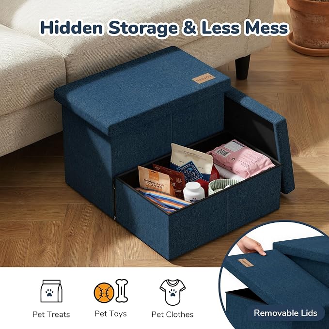 2-Step Wide Dog Stairs with Storage 11" H, Non-Slip Sturdy Pet Steps for Couch Chair, Dog Steps for Small/Medium Old Dogs, Cats, Rabbits Up to 150lbs, Foldable Cat Puppy Stairs for Car, Navy