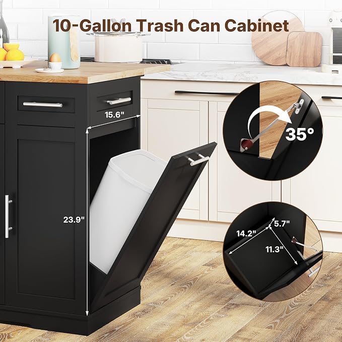 Dripex 41.5'' Rolling Kitchen Island with Power Outlet, Trash Can & Storage | Kitchen Island with Storage & Drop Leaf, Rubberwood Top, 3 Drawers, Mobile Kitchen Island on Wheels for Dining Room, Black