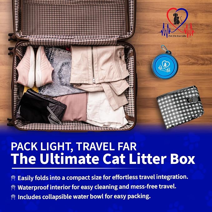 Pet Fit For Life Vibrant Collapsible Travel Cat Litter Box 16"x12"x5" Black | Portable, Foldable Pop-Up Litter Box with Bonus Water Bowl. Folds Flat for Compact Storage During Travel and Camping.