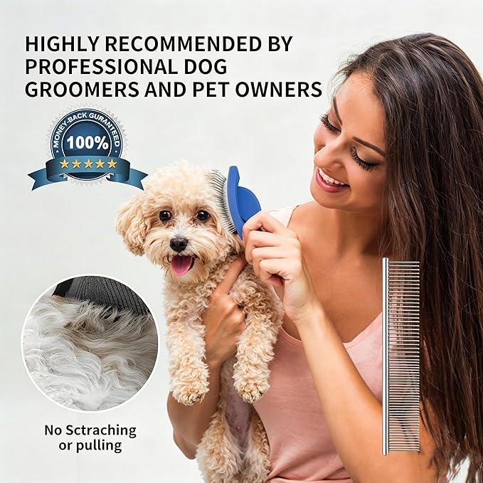 Long Pin Slicker Brush for Doodles & Poodles - 25mm Extra Long Pins Dog Brush with Stainless Steel Cleaning Comb, Solid Beech Wood Dematting Brush for Thick, Curly & Double Coats,Blue