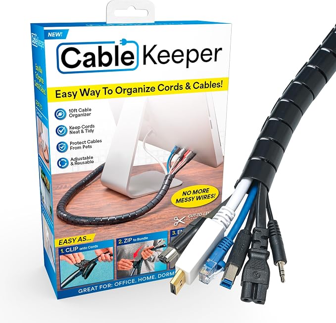 Cable Keeper Cord Organizer, 10-Foot Adjustable Cord Cover, Reusable and Protective Desk Cord Organizer, Versatile TV & Computer Wire Organizer, Clip and Zip Design