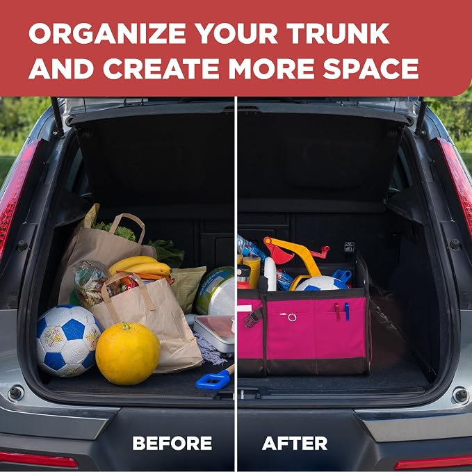 Pink Car Trunk Organizer for Women, SUV & Jeep Cargo Storage, Large | Fits Cars, SUVs & Trucks Great Gift for Car Owners Keeps Your Car Organized Easy Grocery Storage Space-Saving Portable