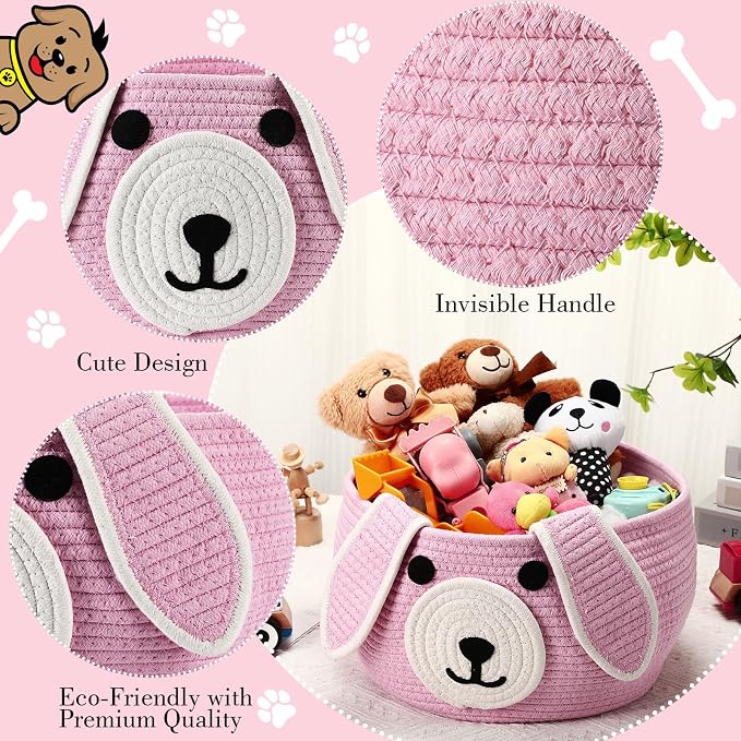 Zopeal Woven Dog Basket with Handle Toy Storage, Pink, 13 x 8 Inch | Pet Gift Basket, Toys Storage Organizer, Cotton Rope Rectangular Bin, Keeps Puppy Items Organized, Sturdy Handles