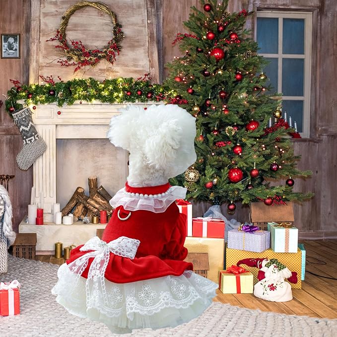 FLAdorepet Dog Christmas Costume Outfits,Red Velvet Small Dog Bowknot Pearl Dress Tutu Skirt, Winter Cat Clothes Pet Apparel(Red Bow, X-Large)