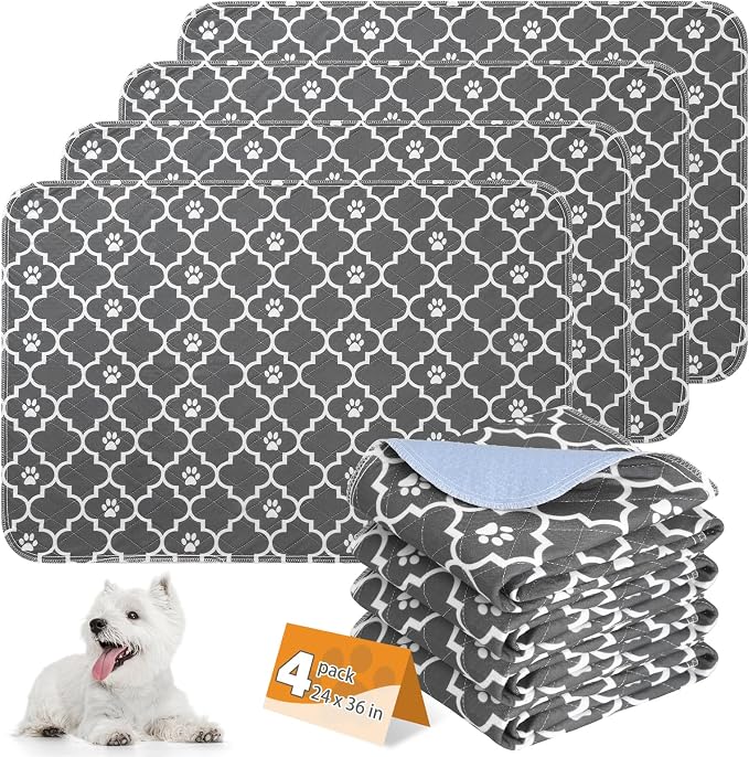 Washable Pee Pads for Dogs, 4 Packs Super Absorbent Leakproof & Non-Slip Dog Pee Pad Large, Reusable Puppy Training Pads Waterproof, Pet Mat Rug for Whelping,Floor,Crate, Car, Cats, 24"x36"