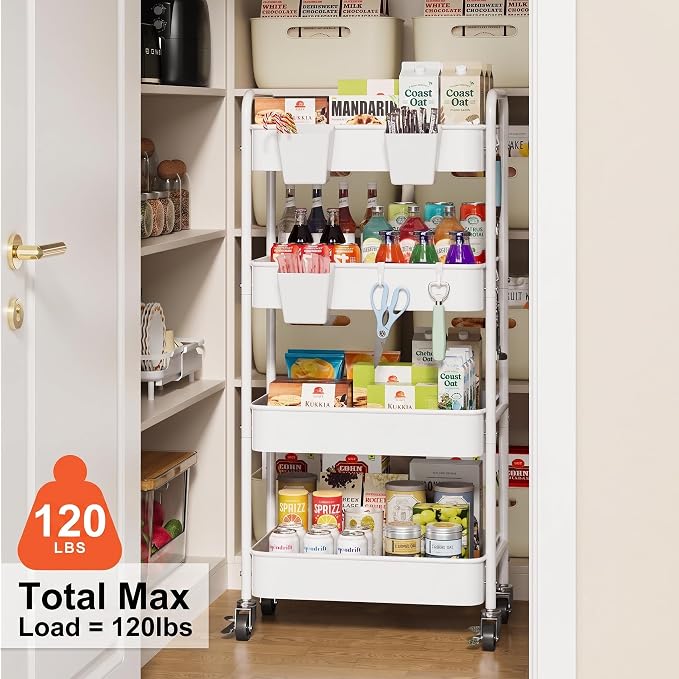 Heavy Duty 4 Tier Rolling Storage Cart Metal with Wheels, White Four Tiered Utility Roller Carts Organizer on Wheels for Art, Craft, Baby Diaper Caddy, Snack, Book, Large-Capacity Shelving Units, 37in