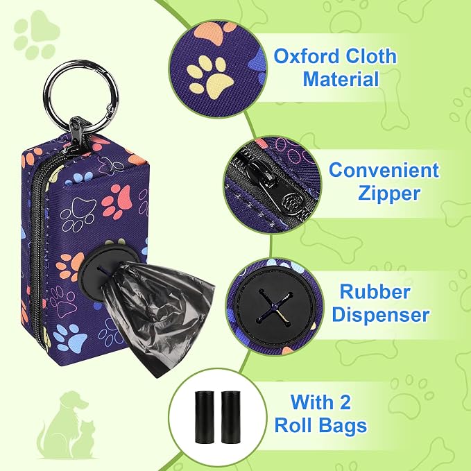 2pack Dog Poop Bag Holder with 2 Roll Bags Lightweight Zipper Dog Poop Bag Holders for Leashes Reusable Small Puppy Pet Waste Bags Dispenser Pouch with Clip Paw Pink/Purple