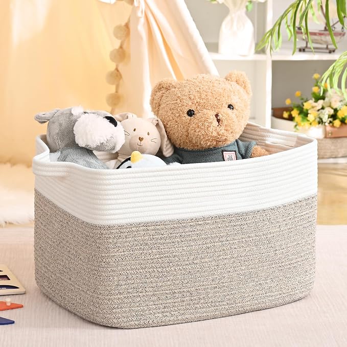 Large Blanket Basket, 100L Storage Baskets for Organizing, Woven Laundry Basket for Blankets, Cotton rope Blanket Storage for Living Room, Nursery Room, 24.8" L x 15.74" W x 15.74" H, Brown