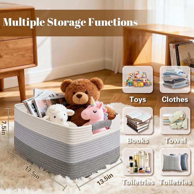 4 Pack Large Storage Basket for Organizing, 17.5"x13"x7" Woven Basket for Shelves, Closet Cube Storage Bins with Wrapped Handle, Cotton Rope Baskets for Kitchen, Clothes, Toys(Gradient Grey)