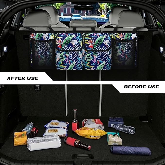 Tropical Leaves Car Trunk Organizer Hanging Car Back Seat Storage Bag with 4 Large Pockets Multipurpose Collapsible Storage Bag Automotive Interior Accessories