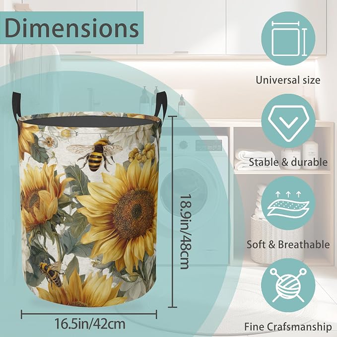 Laundry Hamper Foldable Oxford Cloth Sunflower Bee Laundry Basket With Handle Portable Clothes Storage Organizer Basket Storage Bag For Laundry Room/Bedroom/Bathroom