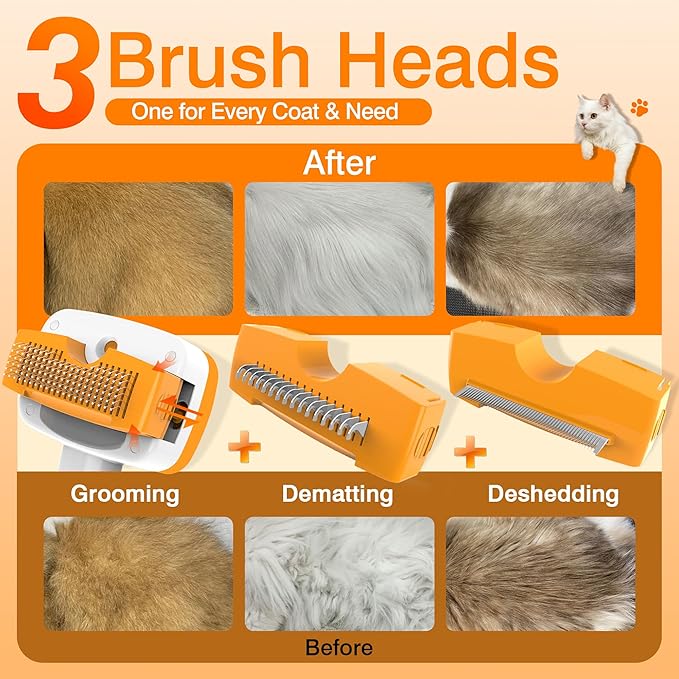 Cat Steam Brush,5-in-1 Self-Cleaning Steam Cat Brush with 3 Swap-in Heads (Grooming,Dematting,Deshedding),Spray Hair Removal Comb for Softens Fur & Reduces Static,Includes Waterless Shampoo