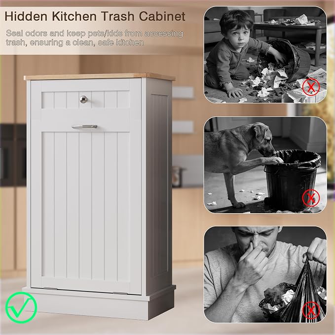 KIGOTY Tilt Out Trash Can Cabinet, Laundry Hamper Cabinet, Kitchen, White