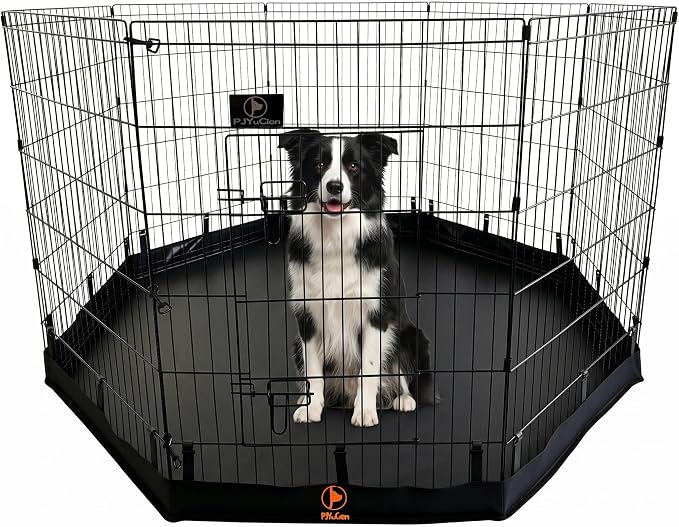 PJYuCien Puppy Playpen with Bottom Pad and Door, 8 Panels 36" H, Black | 24"W, Dual-function Pad, For Medium Pets, Foldable Octagonal Pen, Versatile, Indoor & Outdoor, Backyard, Protects Floors
