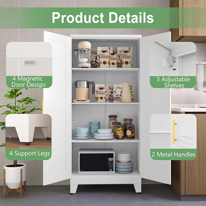 Ckzbx Metal Cabinets with Doors and Shelves, 75" H White Storage Cabinet Pantry Cabinet Garage Cabinets for Kitchen,Living Room, Dinning Room