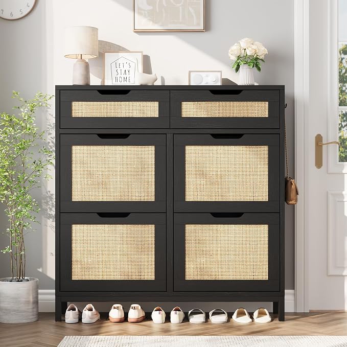 Jocoevol Rattan Shoe Cabinet for Entryway with 4 Flip Drawers and 2 Drawers, Narrow Freestanding Shoe Storage Cabinet with Metal Legs for Entryway/Hallway/Foyer (Black)