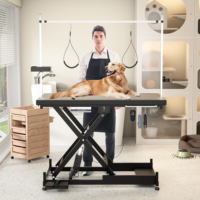 Electric Dog Grooming Table for Large Dogs - Professional Heavy Duty Height Adjustable Home Indoor Pet Grooming Station with Grooming Arm, Anti Slip Tabletop & Tool Organizer, 50''/Black