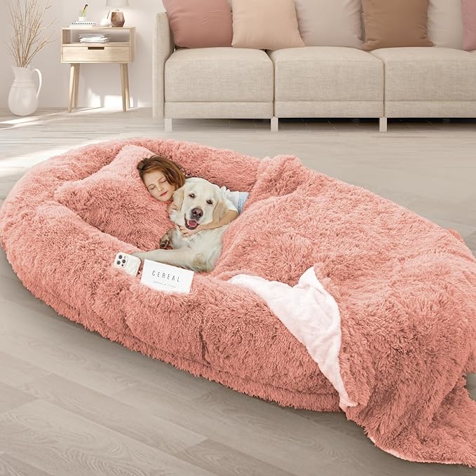 ROOMTEC Human Dog Bed, 78''x51''x12'' Size Fits Adult and Pet Washable Giant People Bed 10 CM Thick Memory Foam Large Oversize Pet Bed with Plump Pillow, Blanket, Strap - Pink