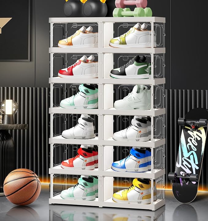 CIMLORD 6-Tier Foldable Shoe Rack Organizer, Magnetic Doors,12 Pairs,White | Collapsible Plastic Shoe Cabinet, 4-Sided Clear Doors, Stackable, Fits High Shoes&Sneakers, Easy Assembly, Closet, Cloakroom