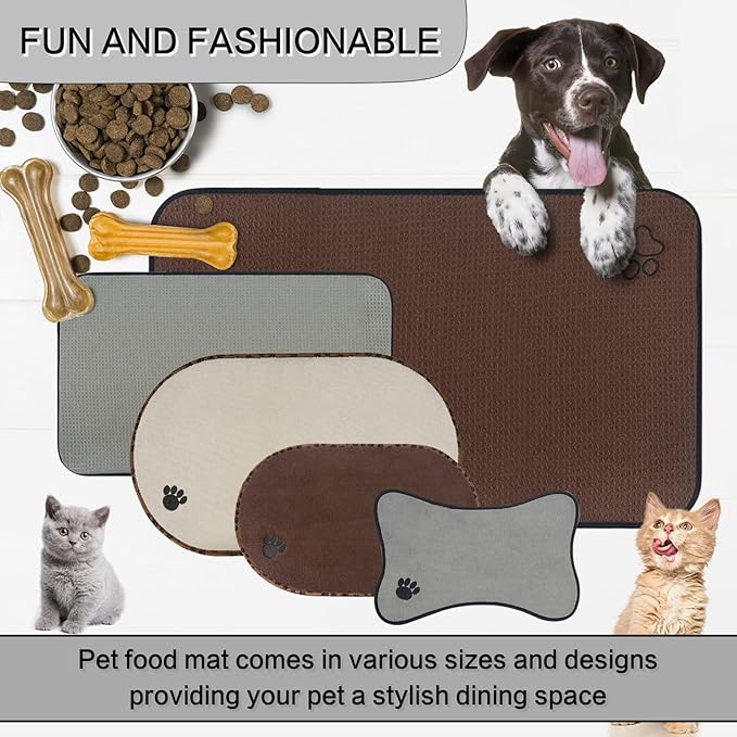 SINLAND Microfiber Extra-Large Pet Food Mat Dish Drying Mat Dog Feeding Mats Pet Bowl Mat with Anti-Skid Backing 21 Inch x 32 Inch Brown