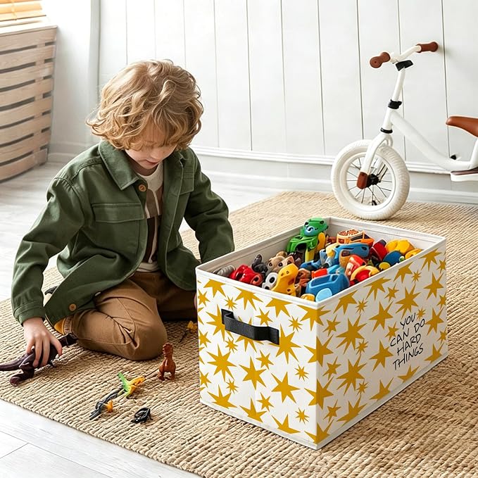 You Can Do Hard Things Kids Affirmation Box with Handles, Motivational Yellow Stars Decorative Storage Boxes Baskets Organizer for Bedroom Nursery Playroom Classroom