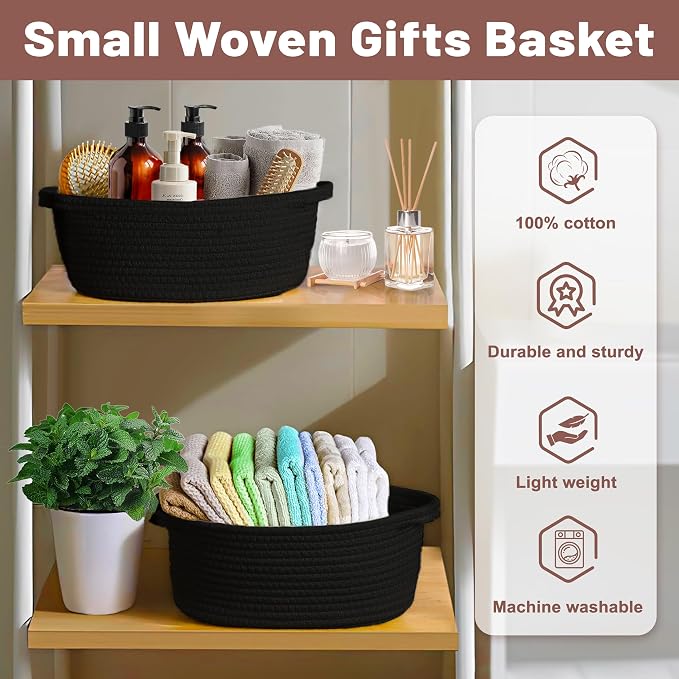 Bufims Small Woven Black Gifts Basket for Storage Empty with Ribbons and Bags Durable Cute Gifts 12"X 8" X 5" Small Rope Basket for Gifting