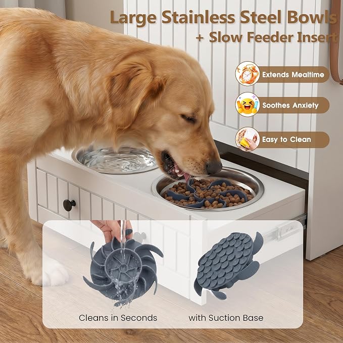 Dog Feeding Station Cabinet Elevated Bowls (White, Classic Panel) | Slow Feeder Insert, Large food bin, Removable Divider, 3 Side Hooks, Pull-Out Drawer, Easy to Clean for Small & Middle Dogs