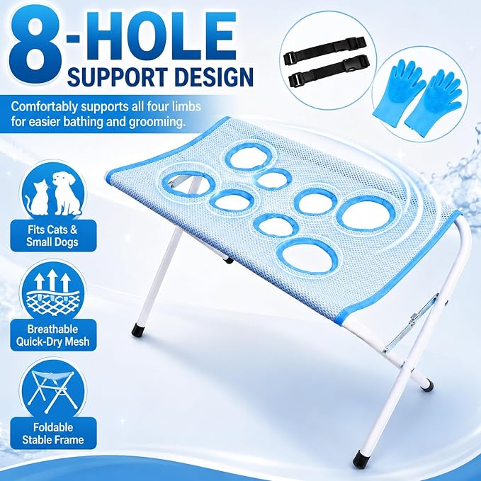 2-in-1 Foldable Pet Grooming Bed Portable Pet Hammock for Dogs and Cats | Eight Hole Quick Dry Mesh Iron Frame Stable Support up to 10kg for Bathing Nail Care and Cleaning(Pink)