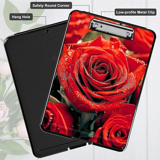 Heavy Duty Storage Clipboard, Slim Nursing Clipboard with Internal Pen Case, Portable File Organizer Case for A4 Letter Size Paper Office Medical Professionals, Red Rose