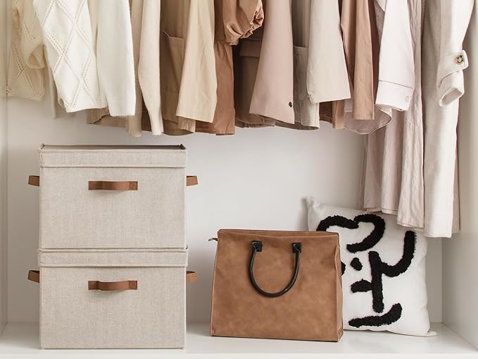 StorageWorks Fabric Storage Bins with Lids, Closet Storage Bins | Flip-Top Lid, 3 Handles, Collapsible, Stackable, for Clothes Blankets, Multi-Purpose, Large, Brown and Beige, 2-Pack