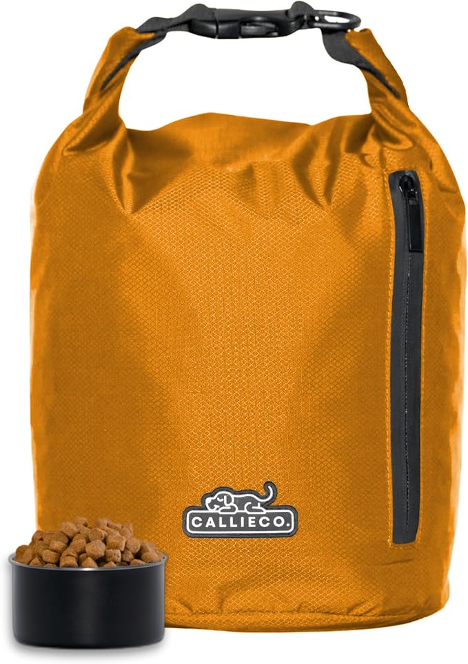 Callieco Dog Food Travel Bag w/ 1 Cup Scoop and Zipper Side Pocket | Waterproof Kibble Storage Container for Home, Road Trips, Camping, Boarding and More (Orange, 64 Cups)