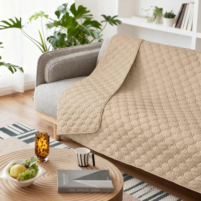 gogobunny 3X Stronger Waterproof Pet Blanket, Scratch Proof Furniture Protector for Dogs Cats, Reversible Cover 82x102 Inch, Dark Beige