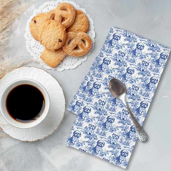 Chicimln Chinoiserie Shih Tzu Kitchen Towels, Shih Tzu Gifts for Women Men Decorative Hand Towels for Bathroom, Blue and White Dog Dish Tea Towel Drying Cloth for Kitchen Decor, 16x24 Inch