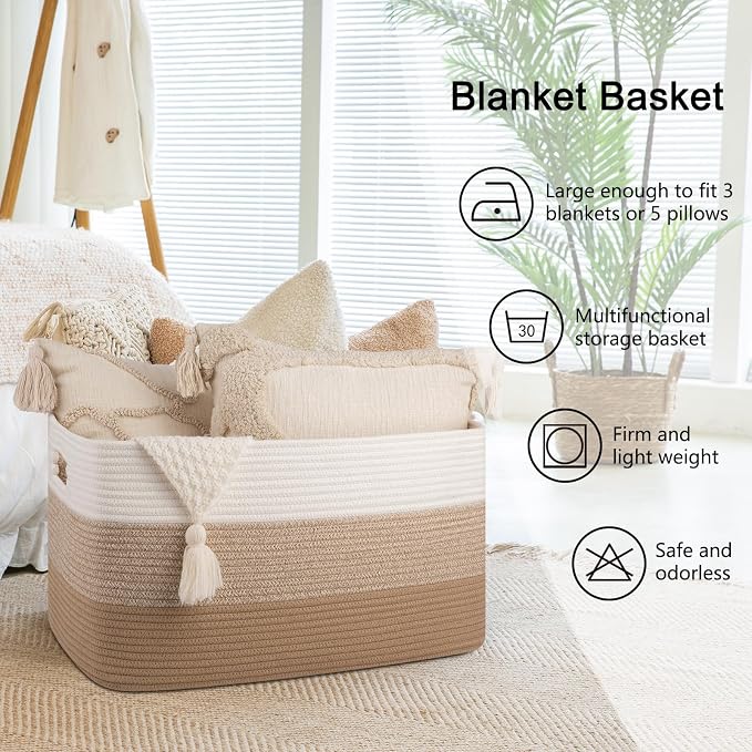 OIAHOMY Blanket Basket Laundry Basket Dog Toy Basket 75L Light Yellow | Large Storage Basket,Baby Basket,Toy Storage,Woven Rope Basket for Blankets,Blanket Storage for Living Room