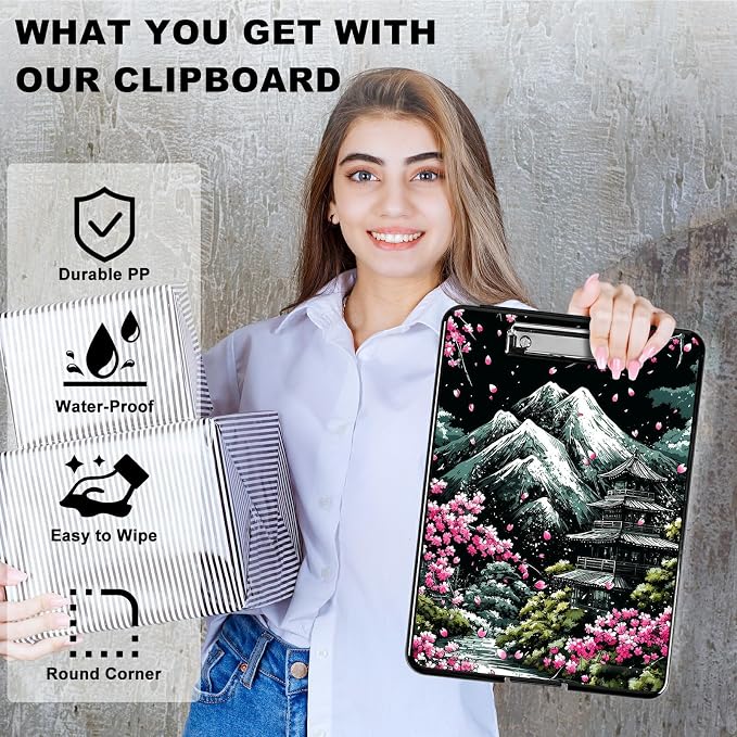 Heavy Duty Storage Clipboard, Slim Nursing Clipboard with Internal Pen Case, Portable File Organizer Case for A4 Letter Size Paper Office Medical Professionals, Sakura Dark Mountain Range