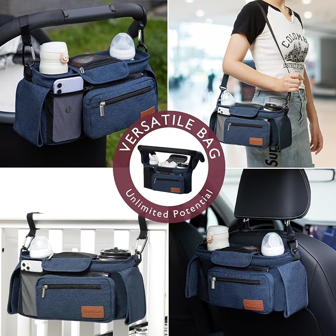 Momcozy Universal Stroller Organizer with Insulated Cup Holder | Detachable Phone Bag and Shoulder Strap, Fits for Uppababy, Baby Jogger, Britax, BOB, Umbrella, and Pet Strollers