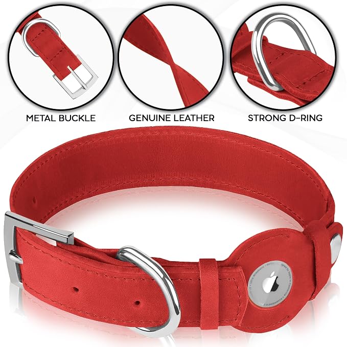 Leather Dog Collar with Airtag Holder - Apple Air Tag Dog Collars - Soft Tracking GPS Pet Collar for Small Medium Large Dogs Breed Puppy (Red, L, 15"-19" Neck Fit)