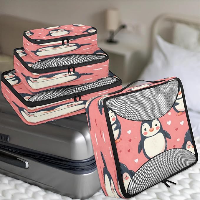 4 Set Packing Cubes for Travel, Animal Penguin Packing Cubes for Women, Travel Luggage Packing Organizers, Packing Cube Set, Cute Penguins