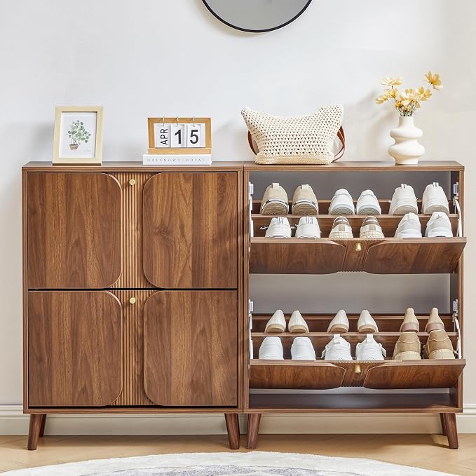 BERRYMERRY Unique 27.6" W Shoe Storage Cabinet with 2 Flip Drawers | Walnut,Hidden,Small,Front Door,Entryway,Narrow