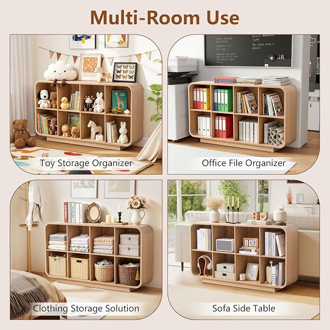 Cube Storage Organizer with Base, 8 Cube 2-Tier Bookcase, Wooden Floor Standing Storage Shelf with Rounded Corners, Anti-Tip Kit, Low Lattice Organizer for Home Office Living Room, Natural