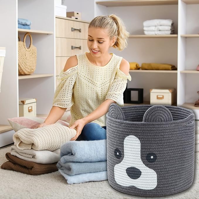Medium Dog Woven Baskets with Handle, Dog Toy Hamper, Cotton Rope Dog Toy Storage Baskets for Pet, Animal Basket for Kids, Baby Gift Baskets for Dog Lovers, Dark Grey