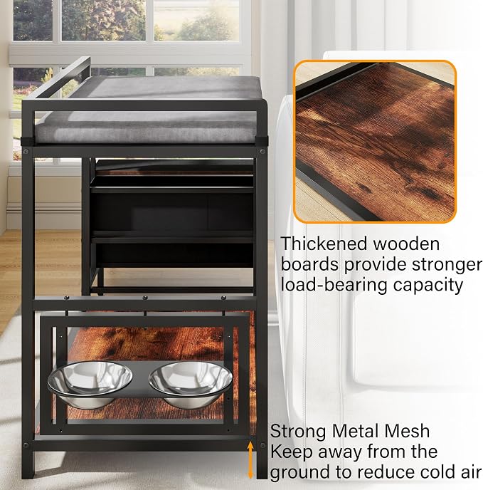 kepptory Dog Window Perch with 360° & Adjustable Raised Feeder, Pet Stairs Ramp with Stairs and Storage, Pet Bunk Bed with Small Pet Step