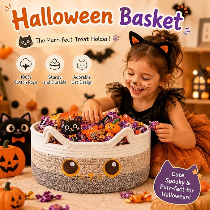 Small Round Cat Toy Basket,Cotton Rope Storage Basket for Living Room,Brown | Cute Decorative Dog Toy Basket, Toy Bin for Baby, Pet, Gift Basket for Halloween, Baby Shower , 13.4"×13.4"×5.9"