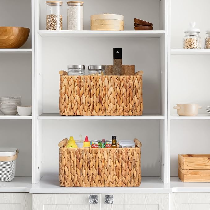 JS HANGER Water Hyacinth Storage Baskets, Handwoven Wicker Shelf Baskets Bin for Organizing Decorative Wicker Baskets with Wooden Handles,12.6"L x 7.9"W x 7.1"H, 2-Pack