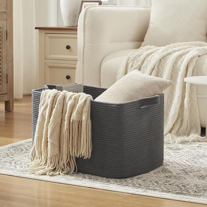 OIASKET 95L Extra Large Blanket Basket, 24" x 16.9" x 14.2" Woven Storage Basket for Living Room, Nursery Blanket Storage for Toys, Towels, Dirty Clothes (Grey)