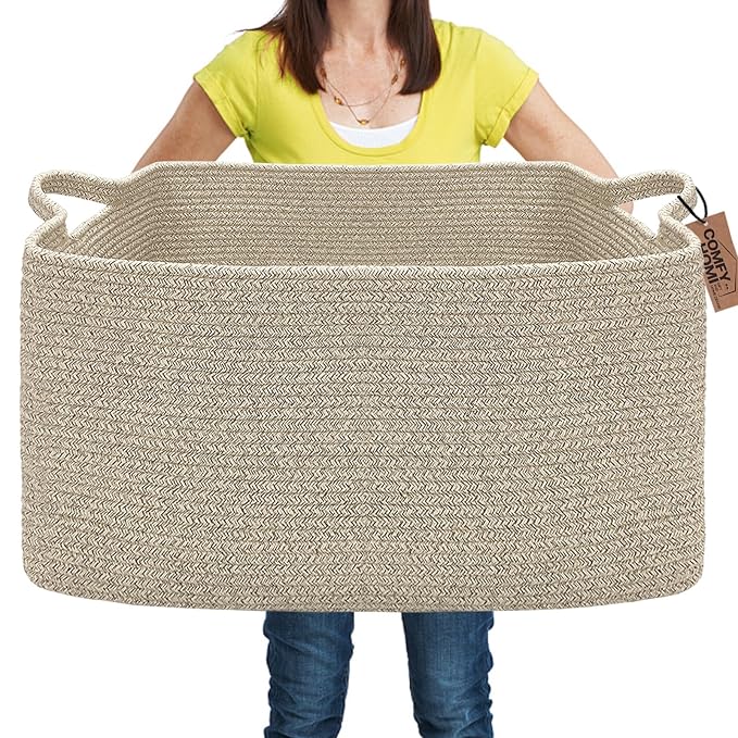 COMFY-HOMI Large Rectangular Blanket, Cotton Rope Woven for Storage, LaundryHamper, Storage,Toy Organizing Bin with Handle, Organizer and Storage-22x15x12-