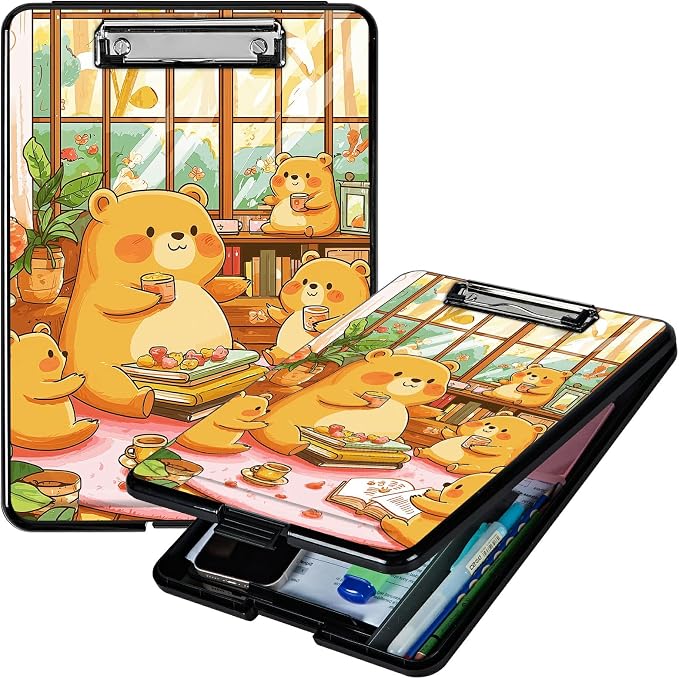 Heavy Duty Storage Clipboard, Slim Nursing Clipboard with Internal Pen Case, Portable File Organizer Case for A4 Letter Size Paper Office Medical Professionals, Bear Lunch
